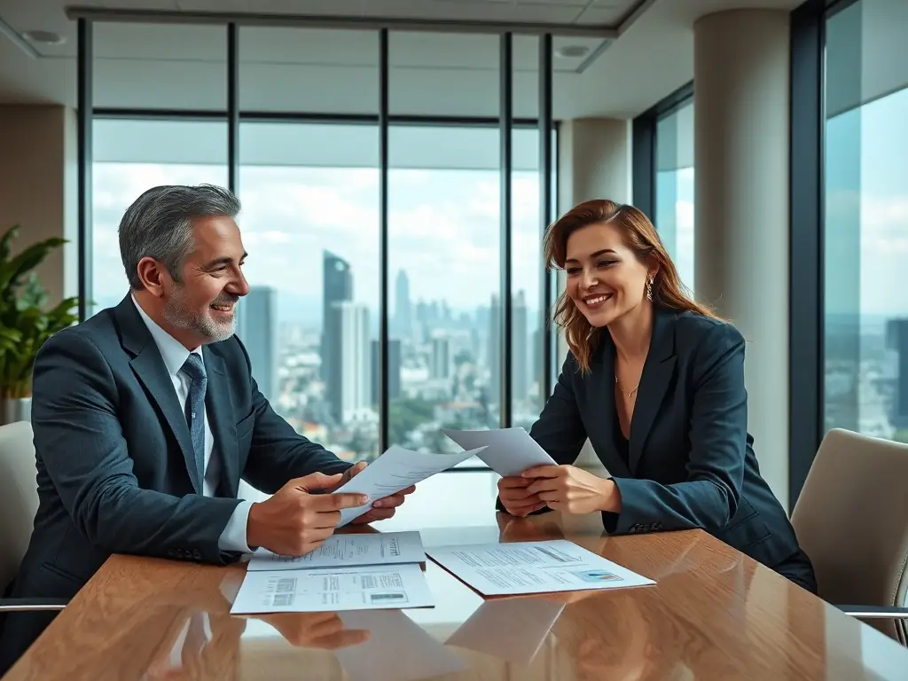 A professional meeting between a client and advisor discussing financial documents with a view of a modern office in Mexico City, representing Wealth Management.