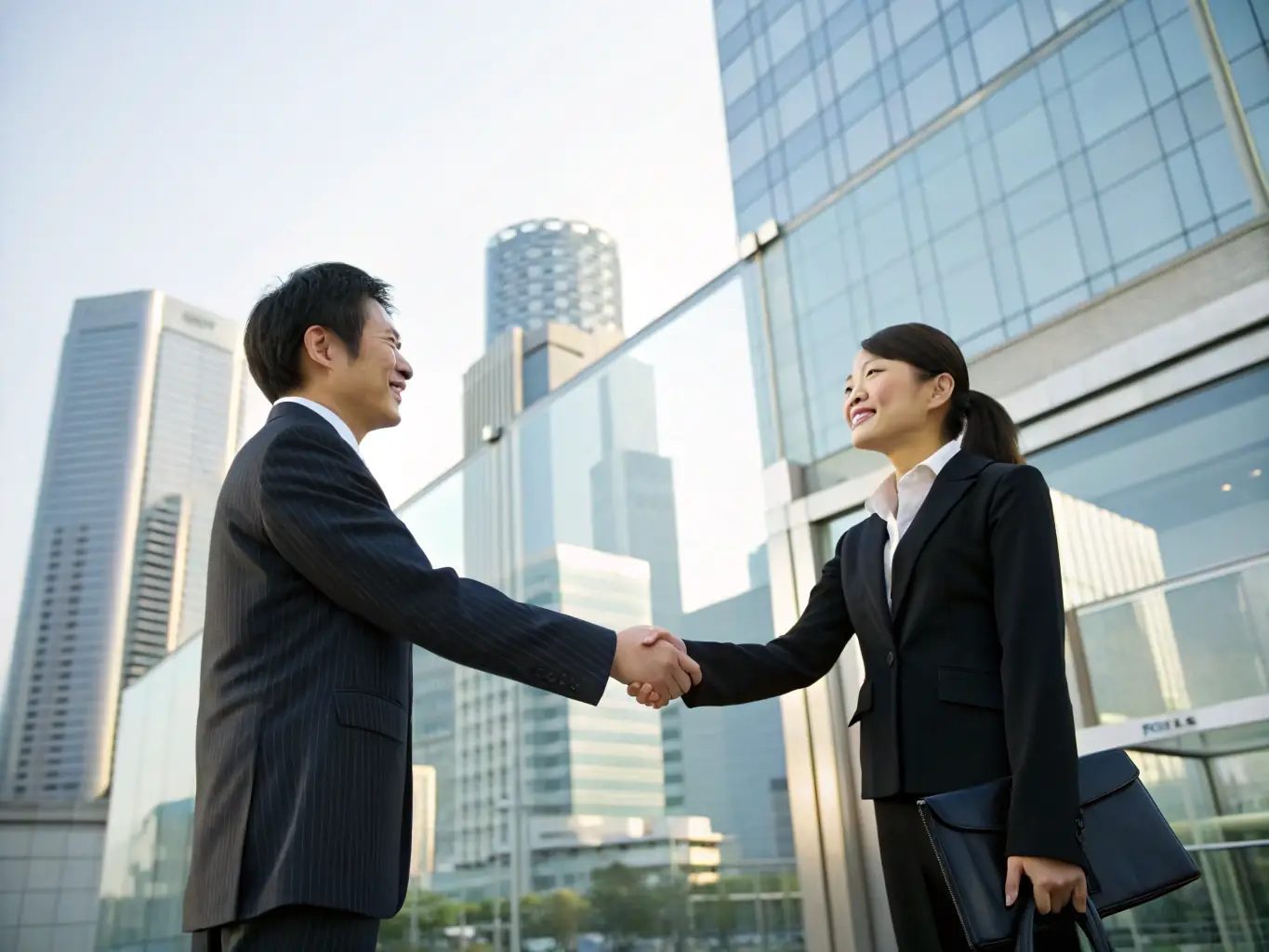 An image of a financial advisor shaking hands with a client in front of a modern office building in Mexico City, symbolizing trust and partnership.
