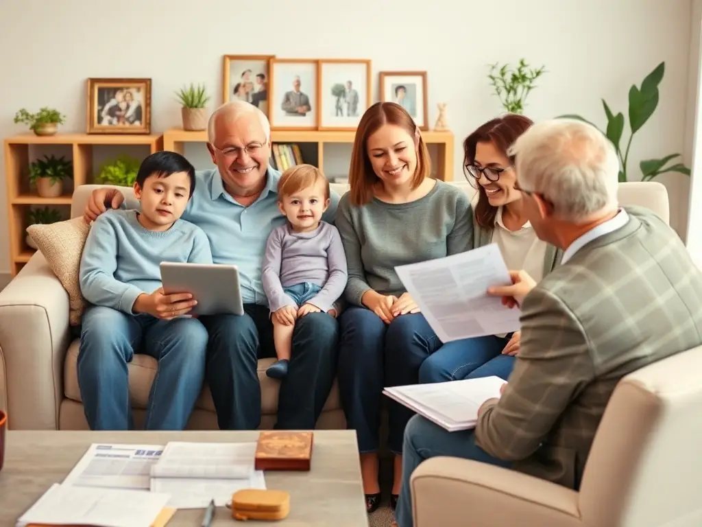 A family reviewing financial documents with a consultant in a cozy, well-lit office setting, representing Financial Planning.