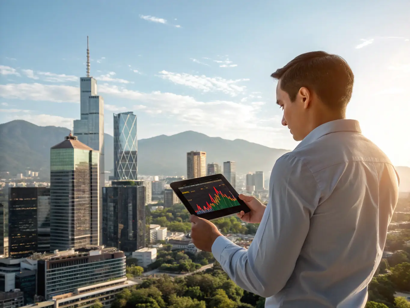 An image of a financial advisor analyzing investment charts on a laptop with Mexico City skyline in the background, representing Investment Strategies.