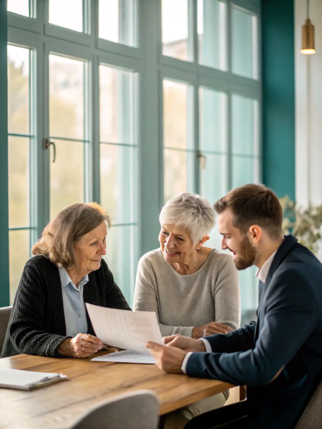 A family happily gathered around a table, reviewing financial plans with a consultant, representing comprehensive wealth management and family financial security.